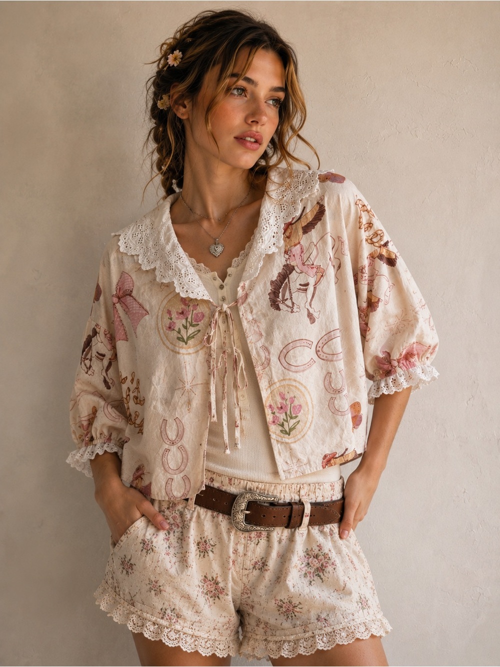 Bailey Rose Western Cowgirl Lace Collar Blouse Cottagecore Coquette Rodeo Top M